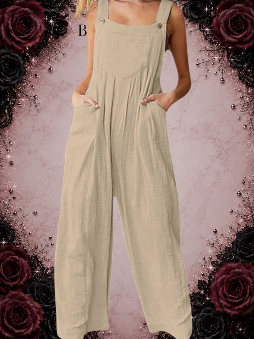 NEW NORACORA Beige Wide Leg Overall Jumpsuit Adjustable Straps Size S